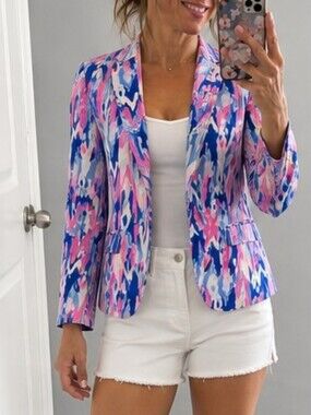 Lilly Pulitzer Women's Printed Blazer Jacket Size 8 Pink Blue Neon Green Lined